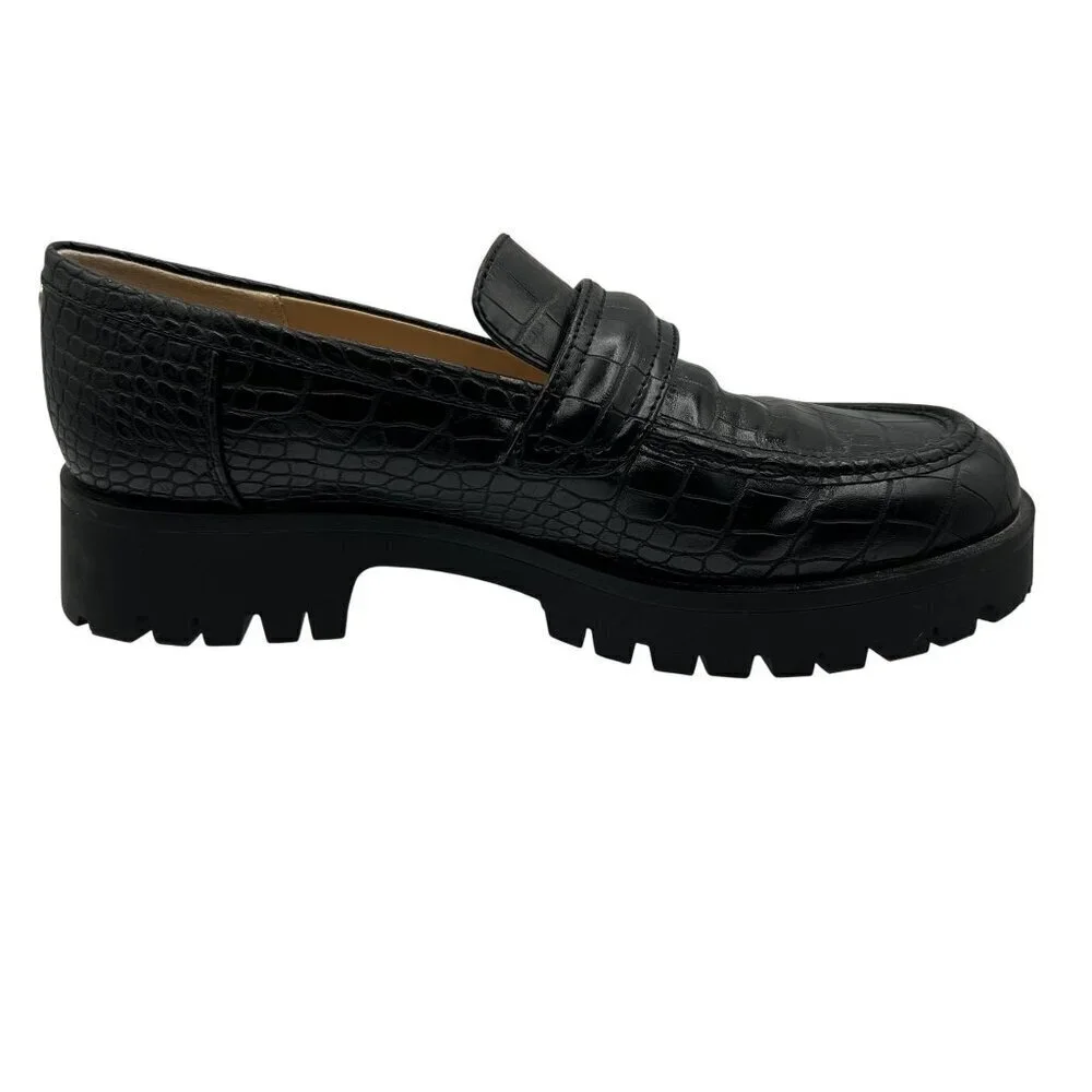 Nine West New Women 8.5 Black Croc-Embossed Chunky Lug Sole Slip On Loafers Y2K